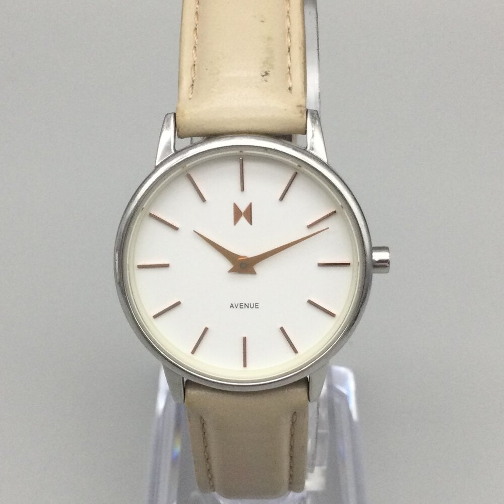 MVMT Belmar Avenue Watch Women 28mm Silver Tone Beige Leather Band New Battery
